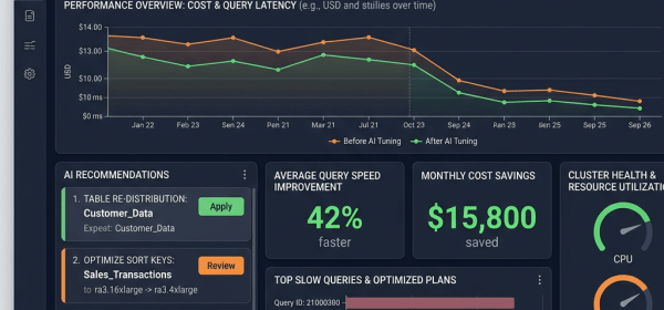Dashboard showing Amazon Redshift optimization metrics including cost, query latency, AI recommendations, and resource utilization