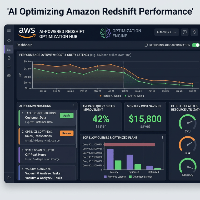 Dashboard showing Amazon Redshift optimization metrics including cost, query latency, AI recommendations, and resource utilization