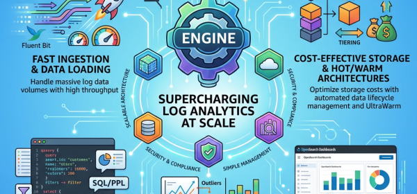 Diagram of Amazon OpenSearch log analytics engine highlighting fast ingestion, SQL/PPL queries, anomaly detection, cost-effective storage, and dashboards.