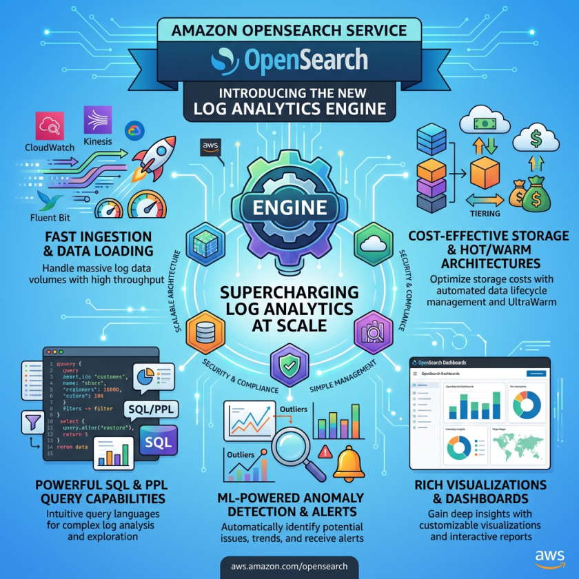 Diagram of Amazon OpenSearch log analytics engine highlighting fast ingestion, SQL/PPL queries, anomaly detection, cost-effective storage, and dashboards.
