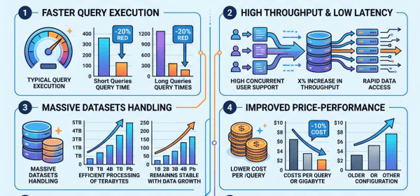 Amazon Redshift RG instance benefits including faster query execution, high throughput, massive dataset handling, improved price-performance, integrations, and workload management.