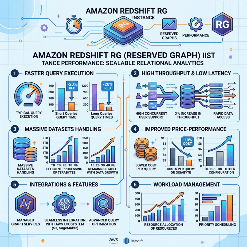 Amazon Redshift RG instance benefits including faster query execution, high throughput, massive dataset handling, improved price-performance, integrations, and workload management.