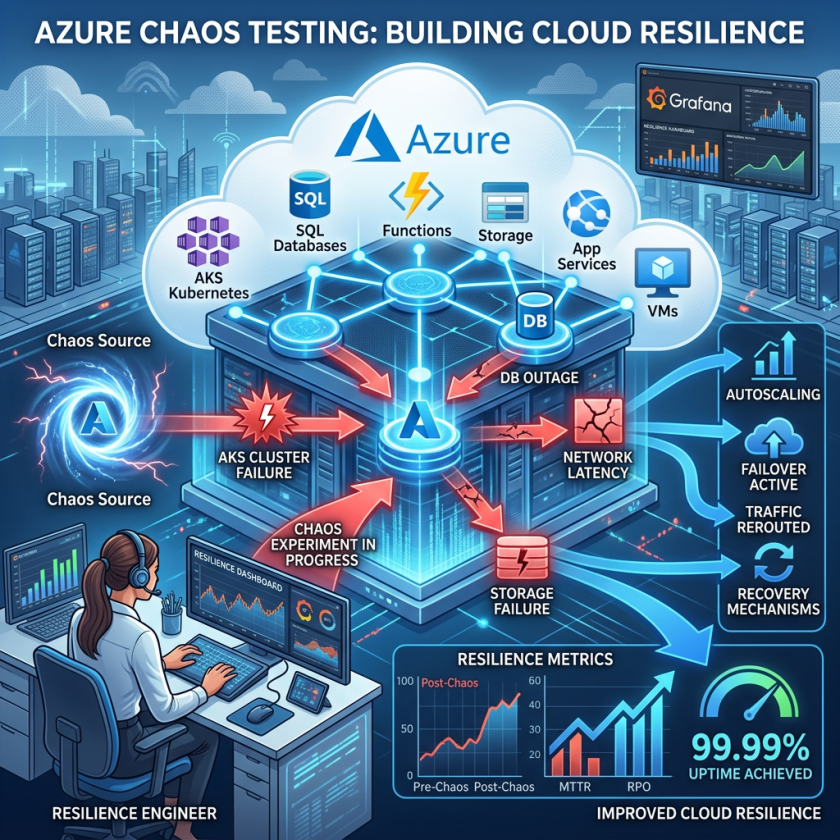 Diagram showing Azure cloud components, chaos testing impacts, and improvement metrics