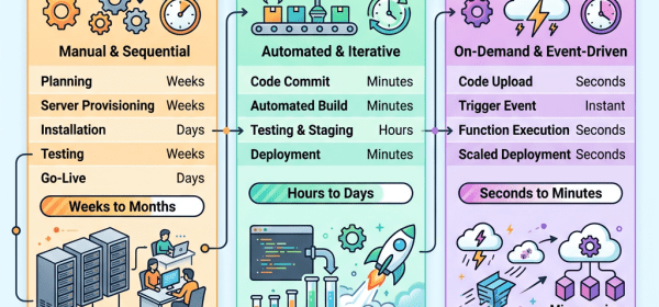 Comparison infographic showing deployment speed differences between traditional, CI/CD pipelines, and serverless function-as-a-service with timeframes
