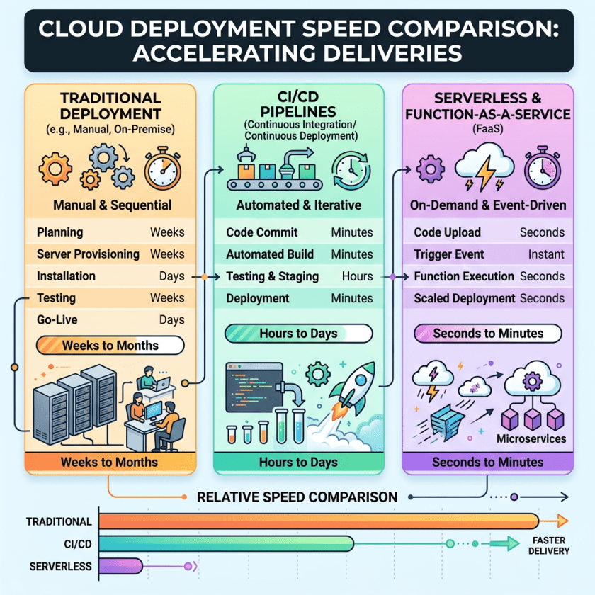 Comparison infographic showing deployment speed differences between traditional, CI/CD pipelines, and serverless function-as-a-service with timeframes