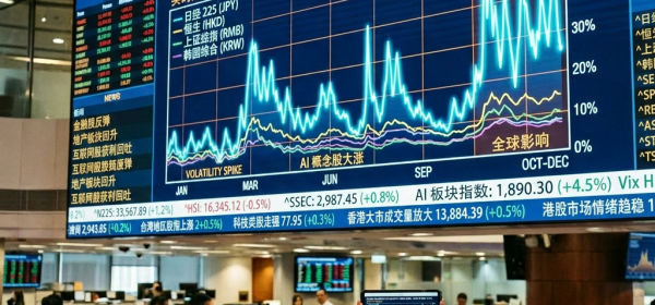 Large digital screen showing Asiatic markets and AI volatility index year-to-date graph with traders observing
