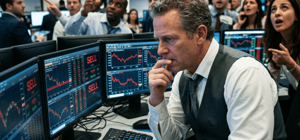 Traders at multiple screens with sell-off graphs and a trader pressing a red sell button