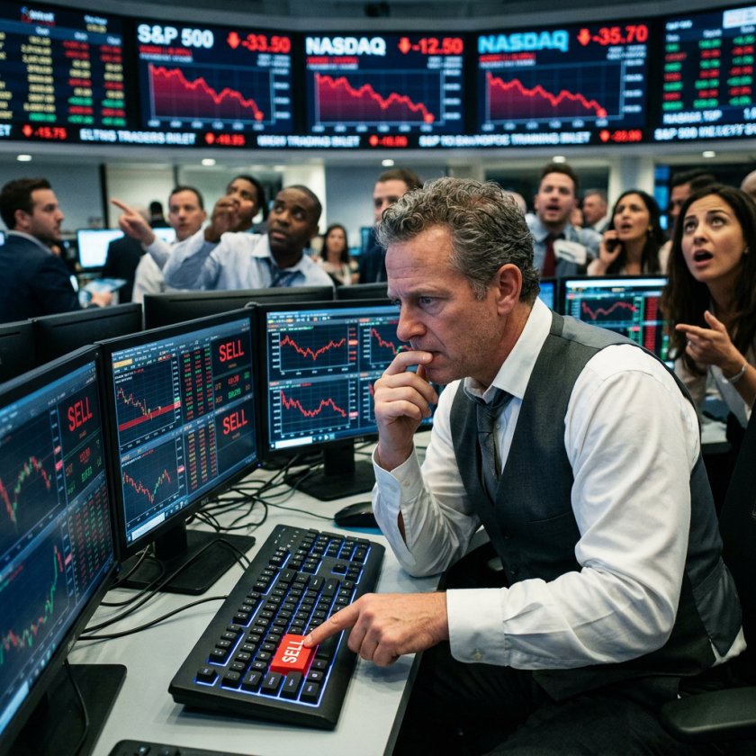 Traders at multiple screens with sell-off graphs and a trader pressing a red sell button