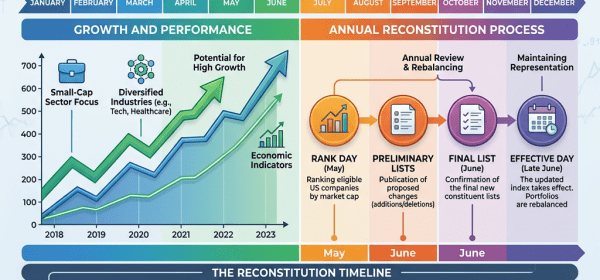 Timeline of Russell 2000 Growth and Annual Reconstitution Process including rank day, preliminary lists, final list, and effective day