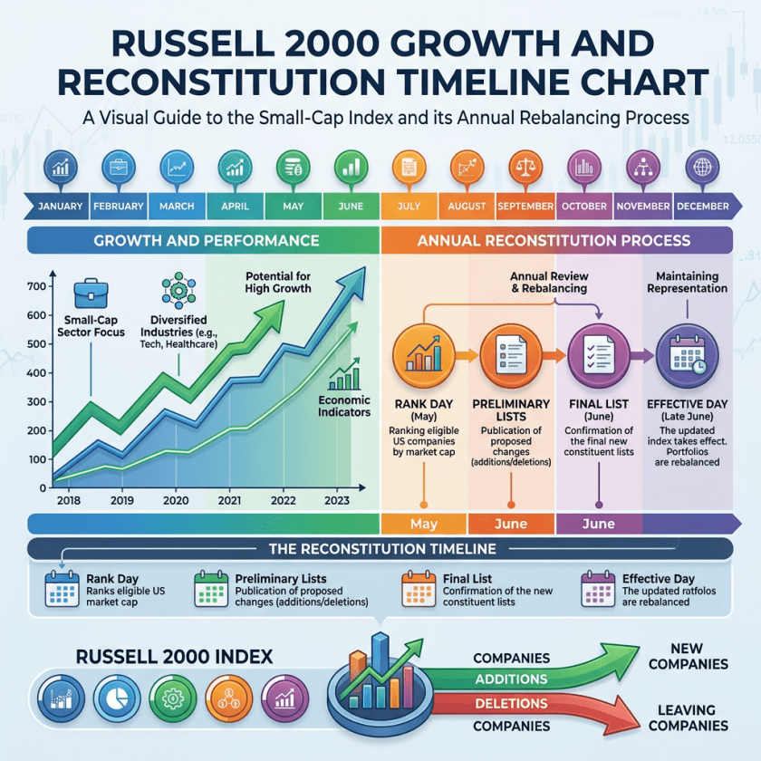 Timeline of Russell 2000 Growth and Annual Reconstitution Process including rank day, preliminary lists, final list, and effective day