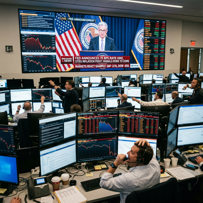 Traders at multiple computer monitors watching Federal Reserve rate hike announcement on large screen