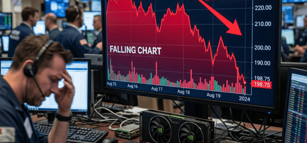 Nvidia stock price falling sharply on a trading screen, with traders in the background.