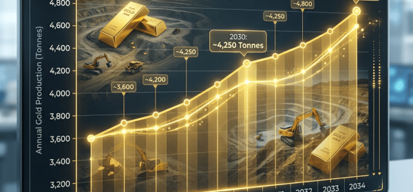 Line graph showing projected increase in annual global gold production from 3,600 to 4,800 tonnes between 2025 and 2034