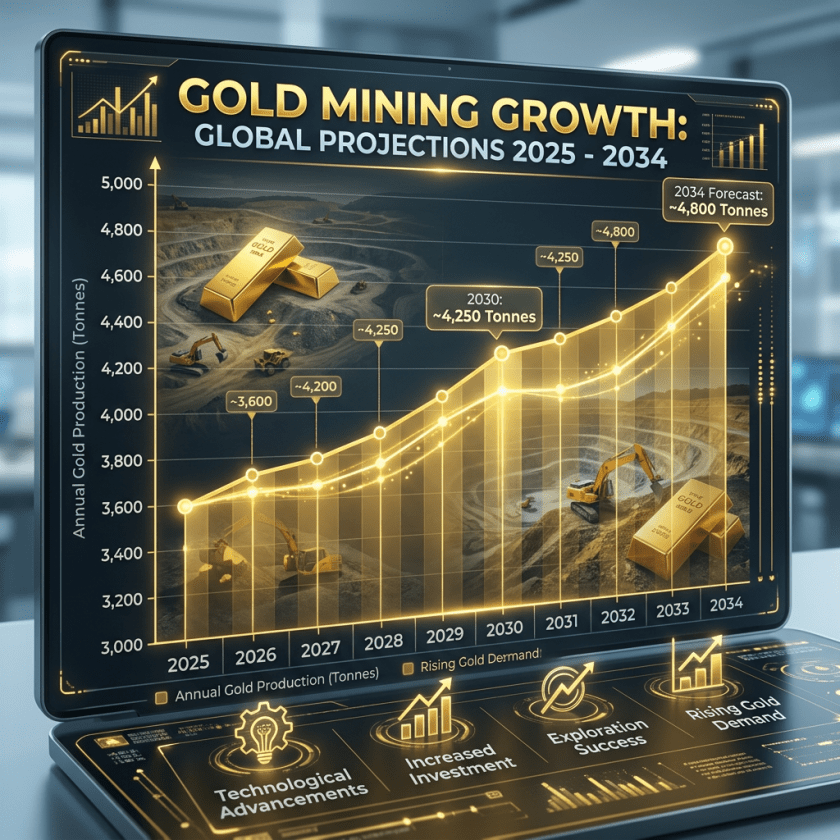 Line graph showing projected increase in annual global gold production from 3,600 to 4,800 tonnes between 2025 and 2034