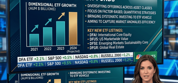 Television screen showing Dimensional ETF expansion news and growth chart with CNBC anchor presenter