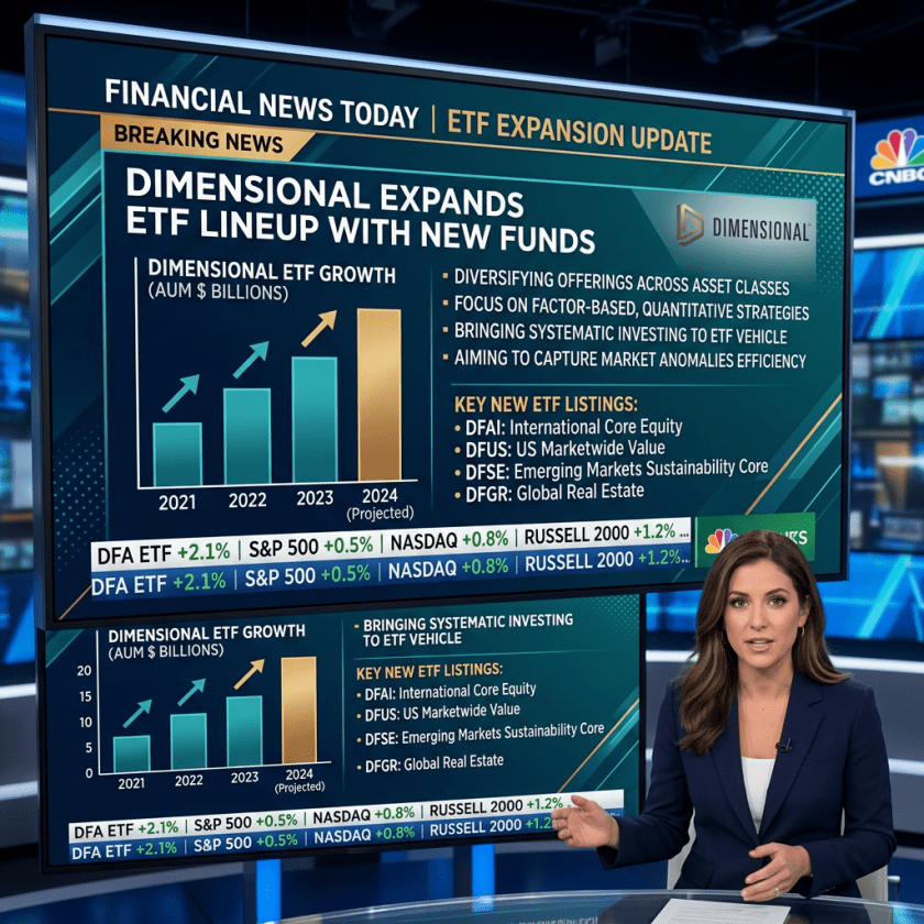 Television screen showing Dimensional ETF expansion news and growth chart with CNBC anchor presenter