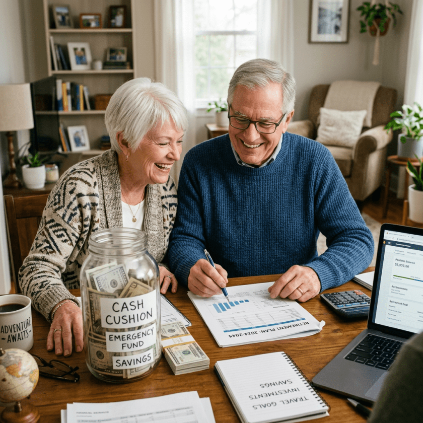Senior couple looking at retirement investment plan with cash savings jar