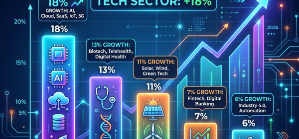 Bar chart showing projected 2026 growth rates for sectors: Tech 18%, Healthcare 13%, Renewable Energy 11%, Finance 7%, Manufacturing 6%