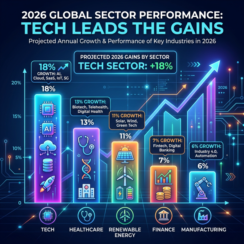 Bar chart showing projected 2026 growth rates for sectors: Tech 18%, Healthcare 13%, Renewable Energy 11%, Finance 7%, Manufacturing 6%