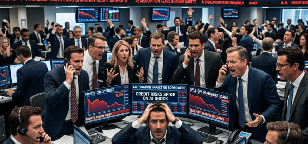 Traders in a busy stock exchange reacting with stress to falling private credit markets and AI disruption fears