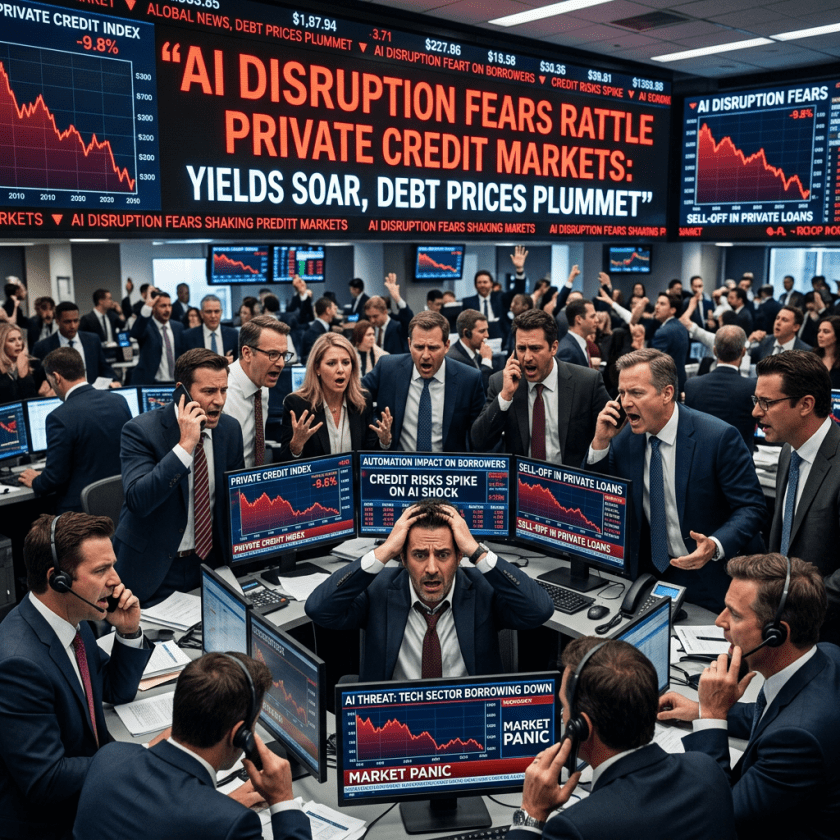 Traders in a busy stock exchange reacting with stress to falling private credit markets and AI disruption fears