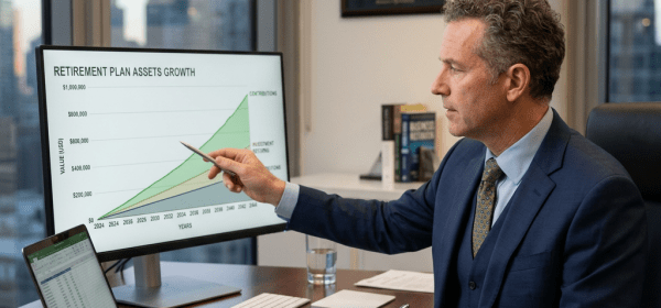 Financial advisor pointing at a retirement plan assets growth chart on a monitor