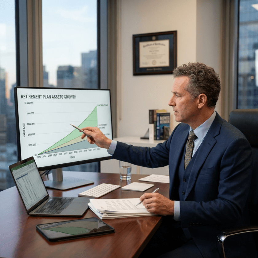 Financial advisor pointing at a retirement plan assets growth chart on a monitor