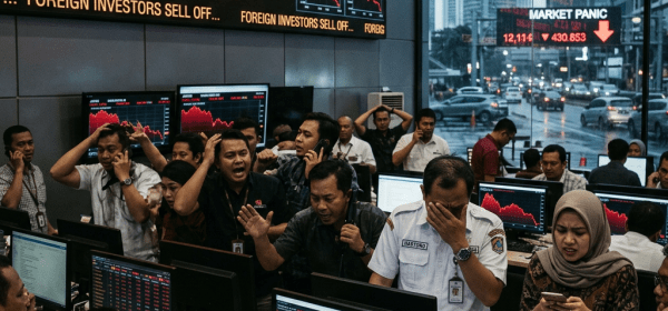Traders and staff looking worried and stressed in a trading room showing sharp stock market declines