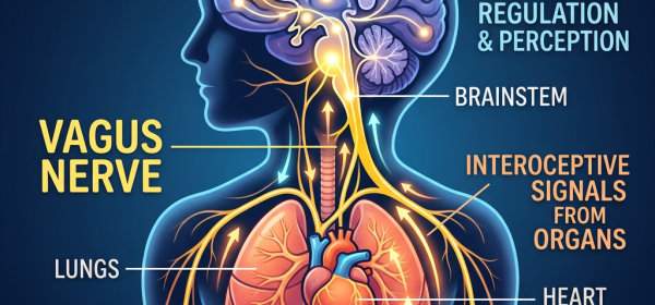 Diagram of vagus nerve connecting brain with lungs, heart, liver, stomach, intestines, showing interoceptive signals