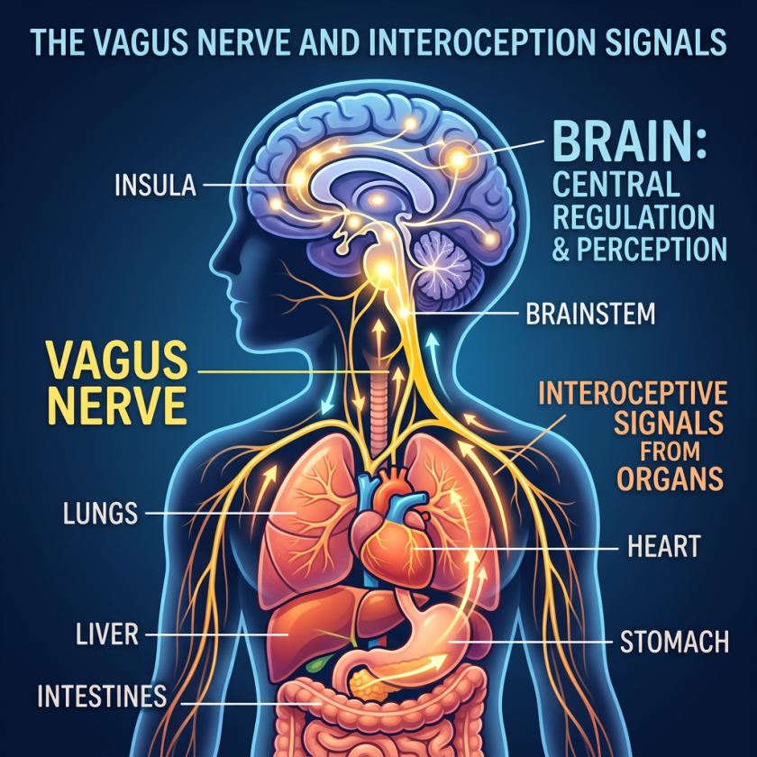 Diagram of vagus nerve connecting brain with lungs, heart, liver, stomach, intestines, showing interoceptive signals