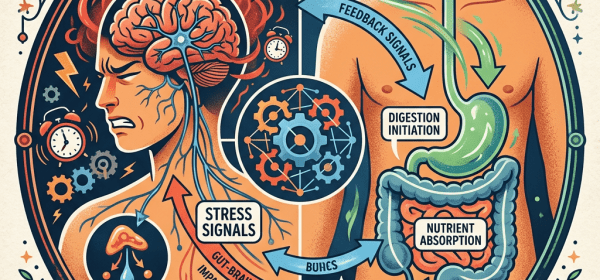 Diagram showing stress signals from brain affecting digestion and gut microbiome supporting gut health