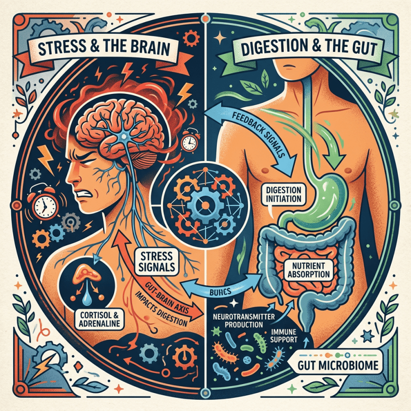 Diagram showing stress signals from brain affecting digestion and gut microbiome supporting gut health