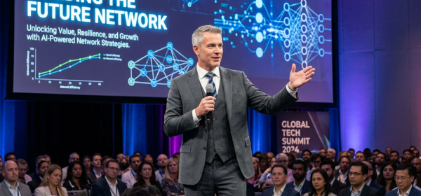 Speaker delivering a keynote about AI networking to a large audience