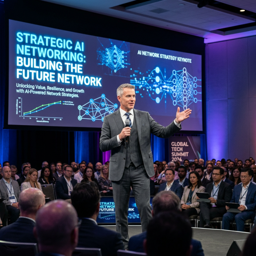 Speaker delivering a keynote about AI networking to a large audience