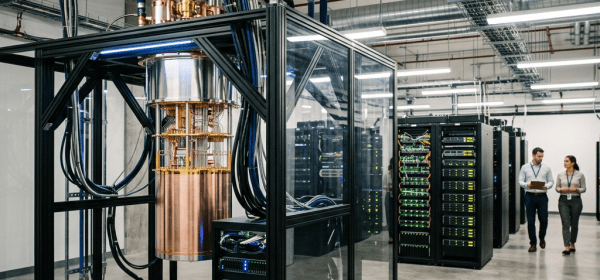 Quantum computer inside a glass enclosure with connected server racks and technicians in data center