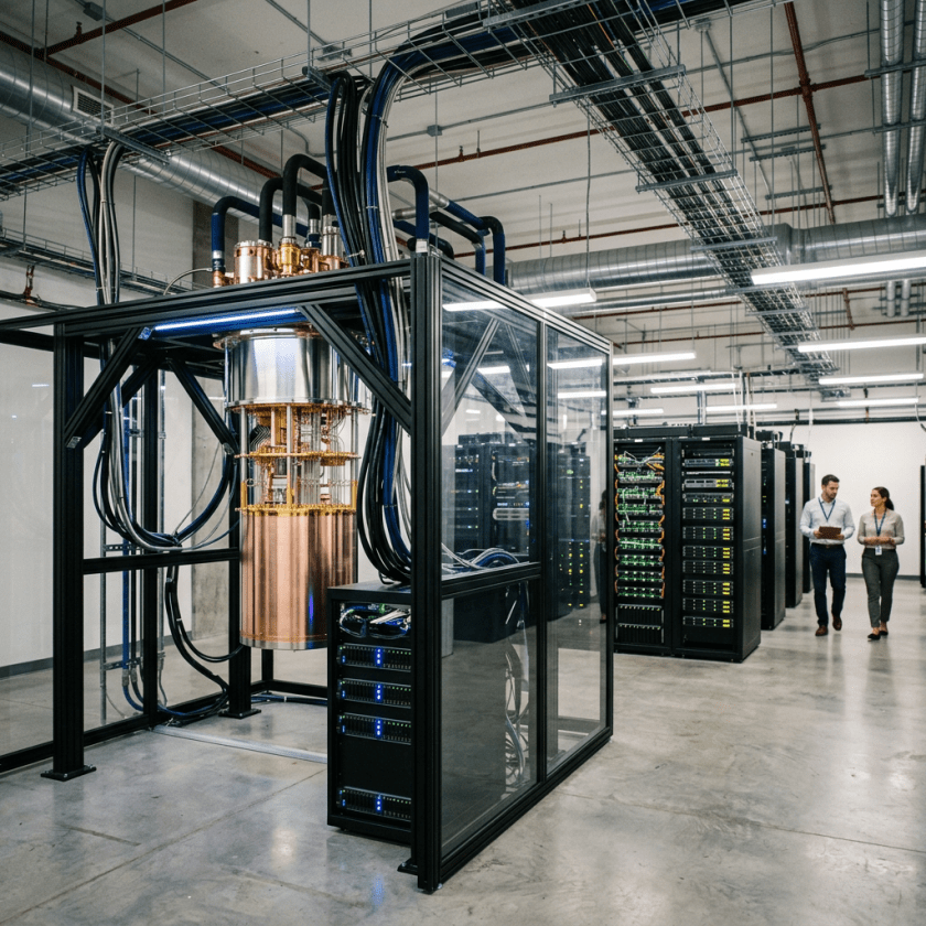 Quantum computer inside a glass enclosure with connected server racks and technicians in data center