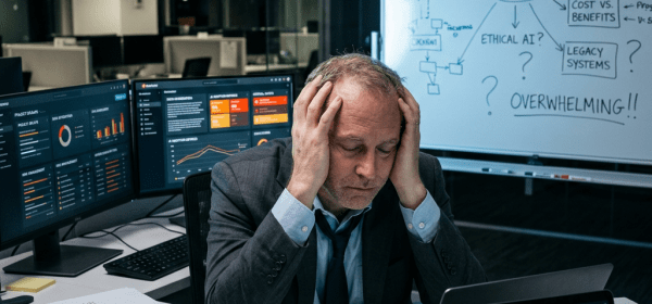 Man holding head at desk surrounded by AI strategy papers and multiple screens
