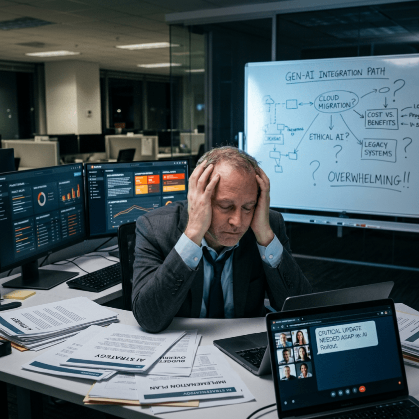 Man holding head at desk surrounded by AI strategy papers and multiple screens