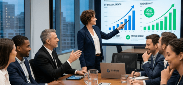 Business team in meeting room reviewing growth charts on screen