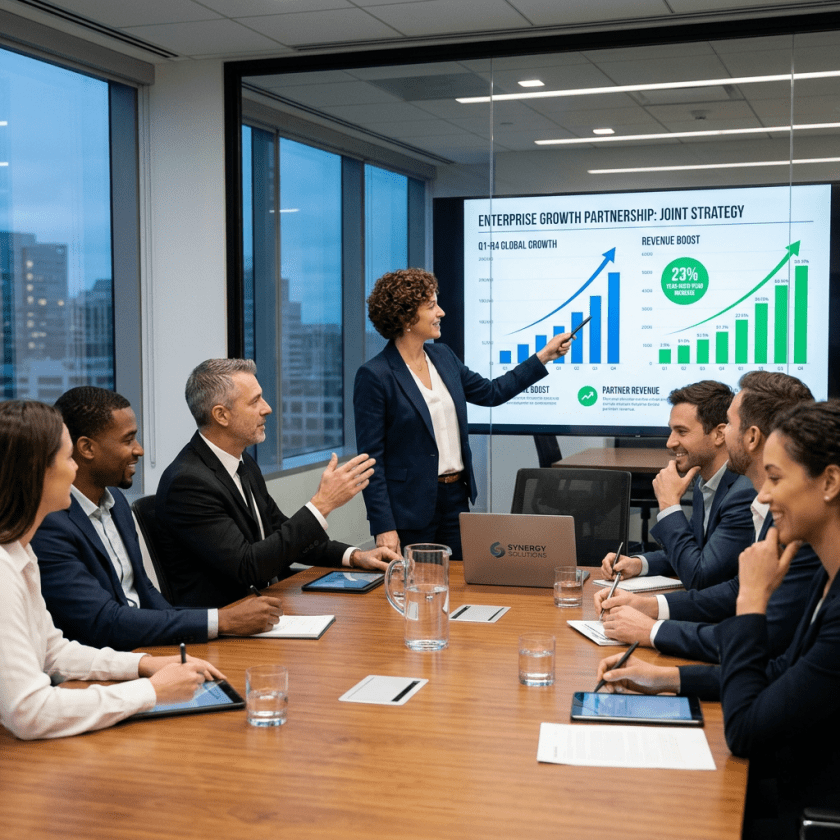 Business team in meeting room reviewing growth charts on screen