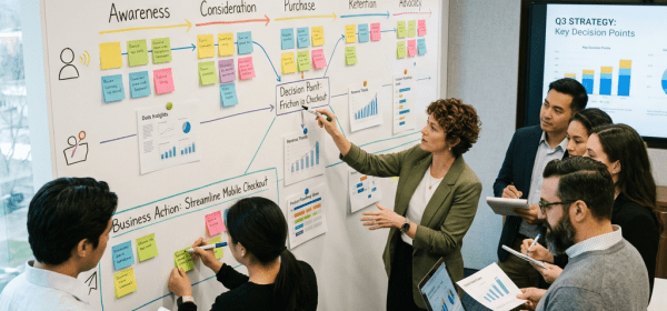 Business team collaborating on customer journey map with sticky notes and charts