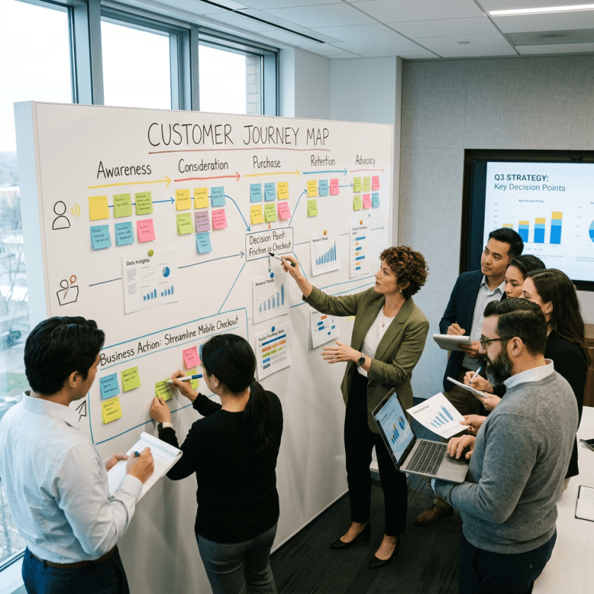 Business team collaborating on customer journey map with sticky notes and charts