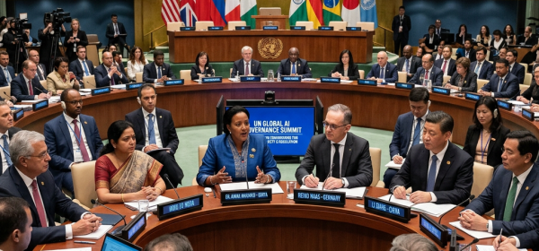 Delegates seated around a circular table at the UN discussing AI governance frameworks