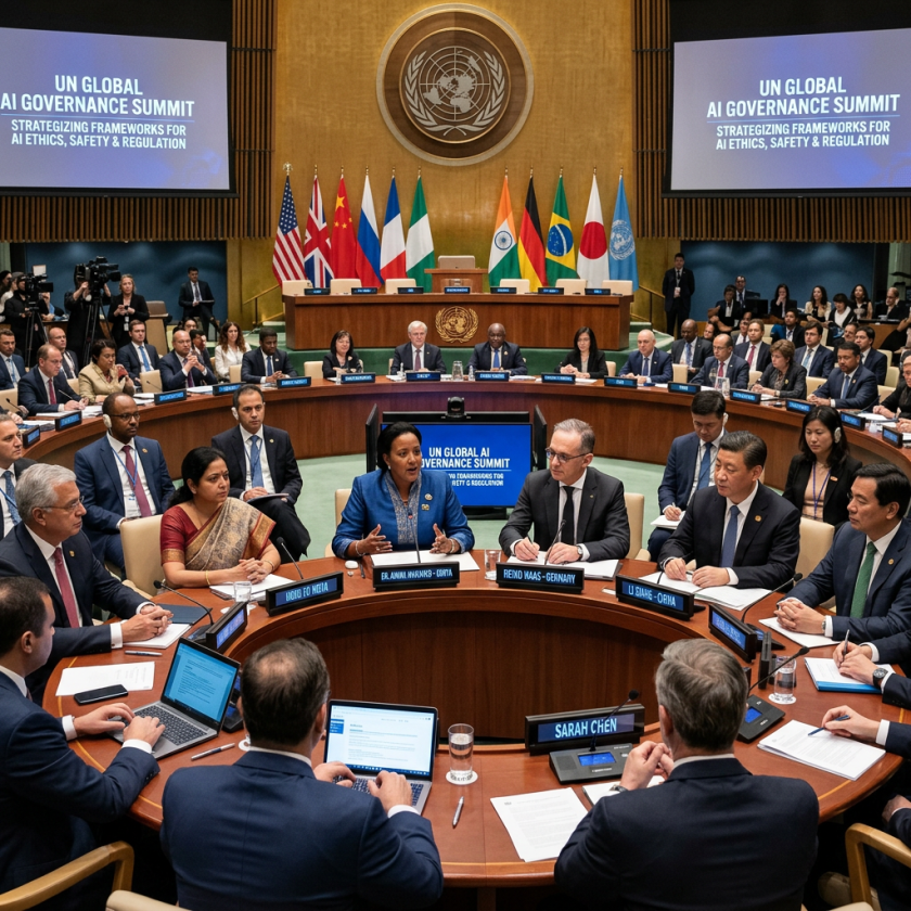 Delegates seated around a circular table at the UN discussing AI governance frameworks