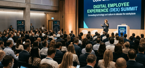 Speaker addressing a large audience at the London Tech Conference 2024 Digital Employee Experience Summit