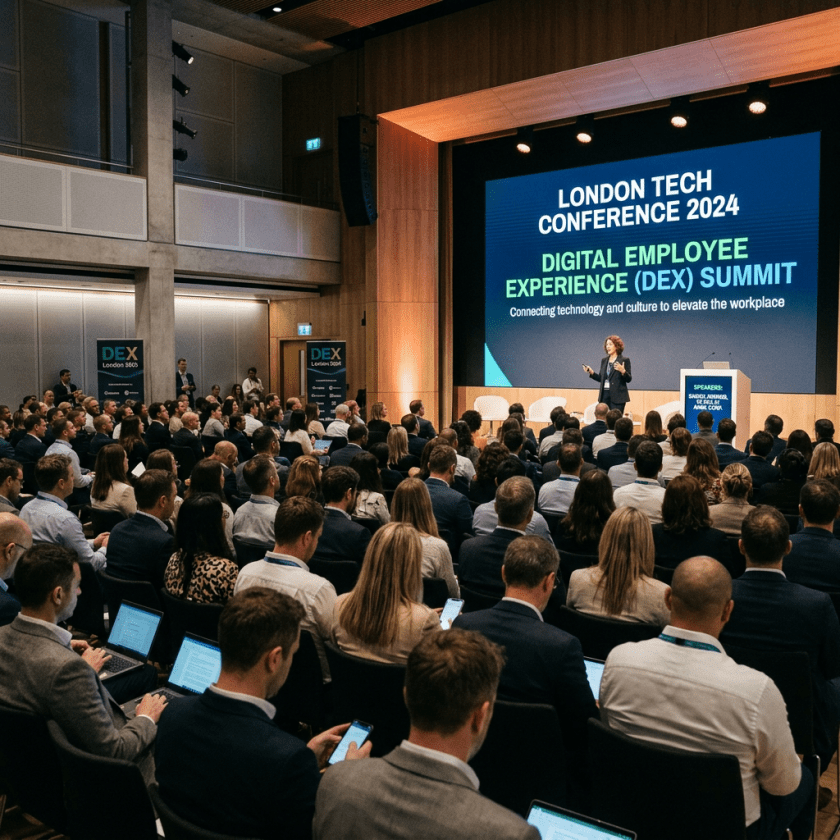 Speaker addressing a large audience at the London Tech Conference 2024 Digital Employee Experience Summit