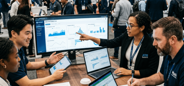 Four professionals discussing data analytics charts on laptops and tablets at a conference booth
