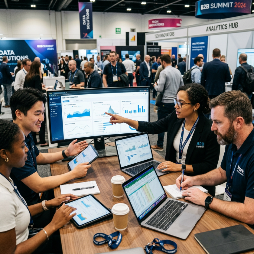 Four professionals discussing data analytics charts on laptops and tablets at a conference booth