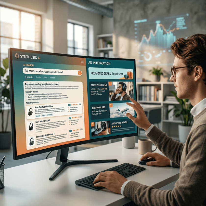 Man using AI search interface to find noise-canceling headphones with integrated travel gear ads