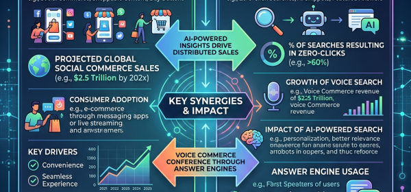 Infographic illustrating distributed commerce trends including embedded shopping, global social commerce sales, and consumer adoption alongside AI answer engines highlighting zero-click searches, voice search growth, and answer engine usage